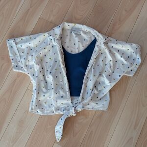 Vintage 80's White Polka Dot Tie-Front Crop Top with Blue Tank Insert